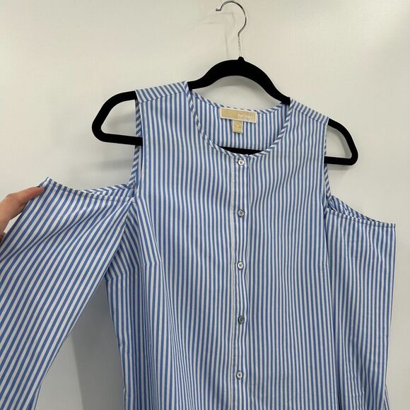 MICHAEL KORS Blue White Striped Cold Shoulder Light Button Up Blouse Size Medium - Picture 4 of 6